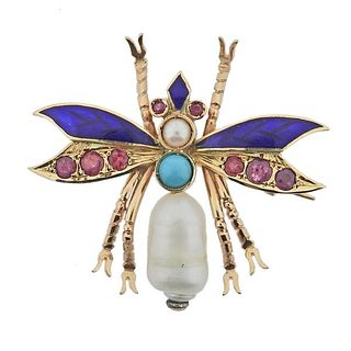 Antique 14k Gold Enamel Pearl Ruby Insect Brooch Pin