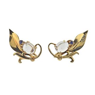 Retro 14k Gold Moonstone  Sapphire Earrings