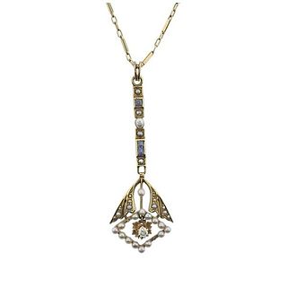 Antique 14k Gold Pearl Diamond Lavalier Pendant Necklace