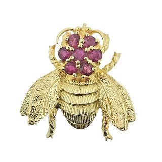 14k Gold Ruby Bee Insect Brooch Pendant 