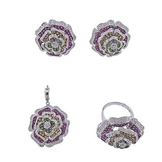 14k Gold Diamond Ruby Sapphire Tsavorite Earrings Pendant Ring Set
