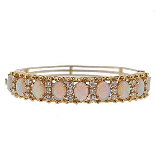 14k Gold Diamond Opal Bangle Bracelet