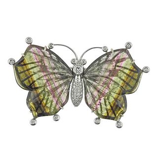 14k Gold Diamond Tourmaline Butterfly Brooch Pin