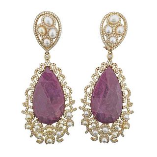 18k Gold Diamond Ruby Pearl Large Drop Earrings