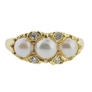 Antique English 18k Gold Pearl Diamond Ring 