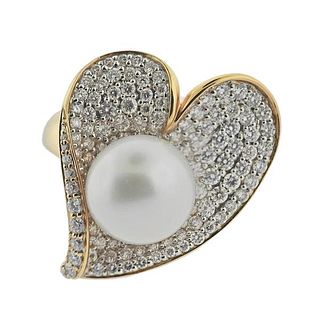 18k Gold Diamond South Sea Pearl Heart Cocktail Ring