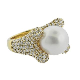 18k Gold Diamond South Pearl Cocktail Ring