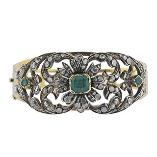 Continental 18k Gold Silver Emerald Diamond Bangle Bracelet