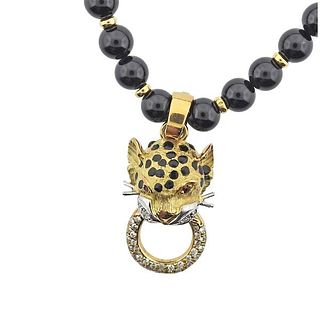 18k Gold Diamond Onyx Ruby Panther Pendant Necklace 