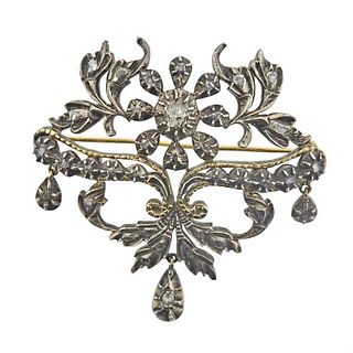 Antique 18k Gold Silver Rose Diamond Brooch Pin