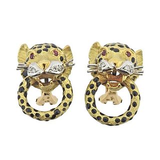 18k Gold Diamond Ruby Enamel Panther Earrings