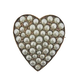 Antique 14k Gold Pearl Heart Brooch Pendant