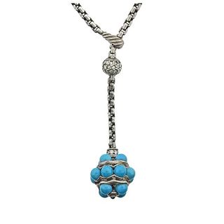 David Yurman Silver Diamond Turquoise Ball Pendant Lariat Necklace 