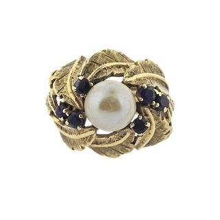 1960s 14k Gold Pearl Sapphire Leaf Motif Ring