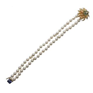 1960s 14k Gold Pearl Emerald Diamond Bracelet