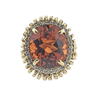 1960s 14k Gold Citrine Diamond Cocktail Ring