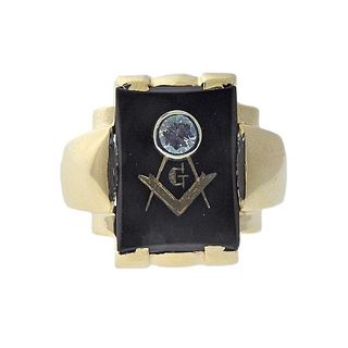 14k Gold Diamond Onyx Men&#39;s Masonic Ring