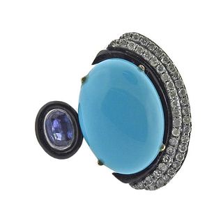 14k Gold Silver Turquoise Onyx Diamond Sapphire Ring