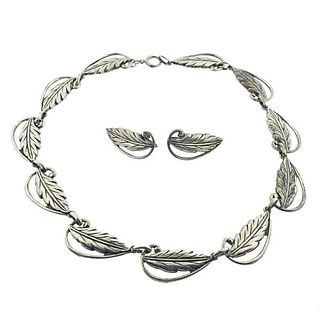 Danecraft Sterling Leaf Motif Necklace Earrings Set 
