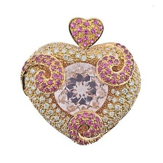 18k Gold Diamond Morganite Sapphire Heart Pendant