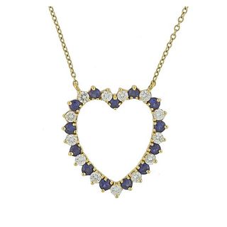 18k Gold Diamond Sapphire Heart Pendant Necklace