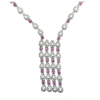 18k Gold Diamond Pink Sapphire Pendant Necklace