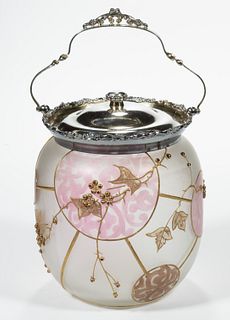 MT. WASHINGTON ROYAL FLEMISH ENAMEL-DECORATED ART GLASS BISCUIT / CRACKER JAR,