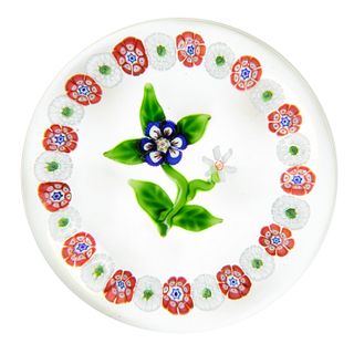 ANTIQUE BACCARAT TWO-FLOWER BOUQUET LAMPWORK AND MILLEFIORI ART GLASS PAPERWEIGHT,