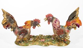 ITALIAN HAND-PAINTED PORCELAIN FIGHTING ROOSTER FIGURAL GROUP,