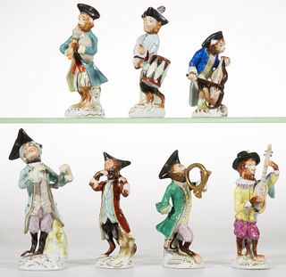 GERMAN PORCELAIN MEISSEN-STYLE HAND-PAINTED MONKEY BAND FIGURES, LOT OF SEVEN, 