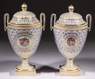 GERMAN HAND-PAINTED PORCELAIN PAIR OF COVERED URNS