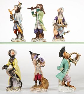GERMAN PORCELAIN MEISSEN-STYLE HAND-PAINTED MONKEY BAND FIGURES, LOT OF SIX, 