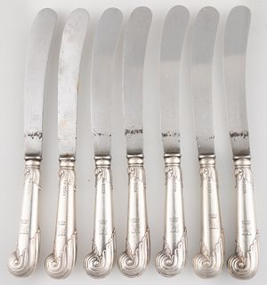 ENGLISH STERLING SILVER PISTOL-GRIP PLACE KNIVES, SET OF SEVEN,