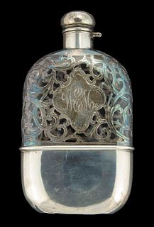 ALVIN STERLING SILVER AND GLASS POCKET FLASK,