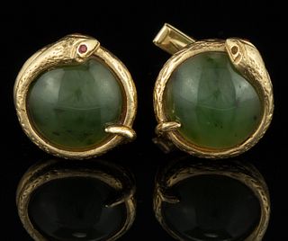 VINTAGE 14K YELLOW GOLD AND JADE FIGURAL SNAKE CUFFLINKS, PAIR