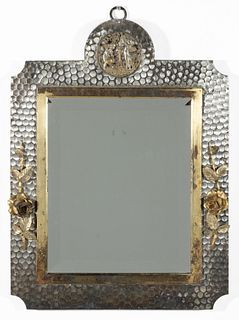 AMERICAN AESTHETIC MOVEMENT BRASS AND HAMMERED COPPER WALL MIRROR / LOOKING GLASS,