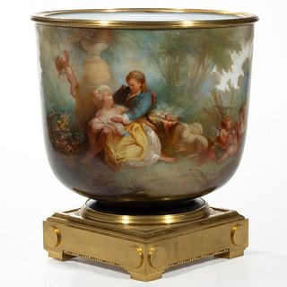 BACCARAT HAND-PAINTED ART GLASS JARDINIERE WITH DORE BRONZE MOUNTS,