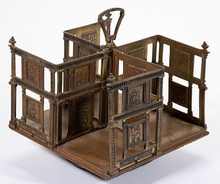 BRASS AND OAK REVOLVING TABLE-TOP BOOK STAND, 