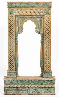 INDIAN CARVED AND PAINTED WOODEN MIRROR FRAME,