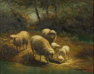 CONTINENTAL SCHOOL (20TH CENTURY) LANDSCAPE WITH SHEEP PAINTING, 