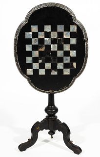 FRENCH INLAID MOTHER OF PEARL TILT-TOP GAMES TABLE,