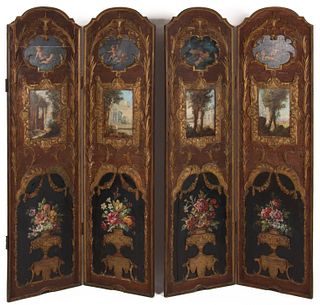 FRENCH PAINTED HARDWOOD FOUR-PANEL ROOM DIVIDERS / FLOOR SCREENS, LOT OF TWO,