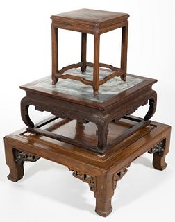 CHINESE ASSORTED ROSEWOOD MINIATURE TABLES / DISPLAY STANDS, LOT OF THREE,