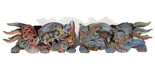 PAIR OF ASIAN CARVED AND PAINTED WOODEN FOO DOGS / DRAGONS,