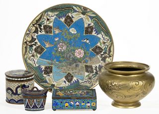 CHINESE / JAPANESE CLOISONNE AND BRASS ARTICLES, LOT OF FOUR,