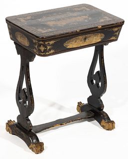 CHINESE BLACK LACQUER AND GILT LADY'S SEWING / WORK STAND,
