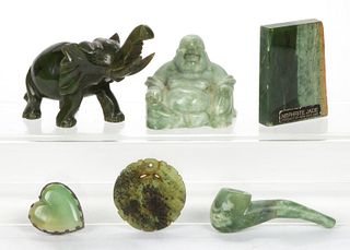 CHINESE AND OTHER CARVED JADE ARTICLES, LOT OF SIX,