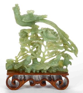 CHINESE CARVED JADE PEACOCK FIGURE,