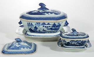 CHINESE EXPORT CANTON PORCELAIN TUREEN AND STAND, LOT OF TWO, 