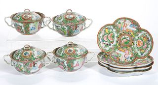 CHINESE EXPORT FAMILLE ROSE / ROSE MEDALLION PORCELAIN COVERED BOWLS AND SAUCER SETS, LOT OF FOUR